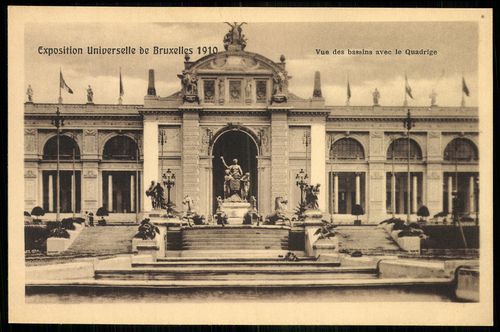Exposition Universelle de Bruxelles 1910. Vue des bassins avec la Quadrige