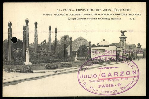 Paris - Exposition des Arts Décoratifs. Jardins Floraux et Colonnes Lumineuses et Pavillon Christofl...