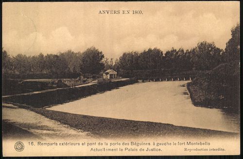 Anvers en 1860. Remparts extériaurs et pont de la porte des Béguines à gauche le for Montebello Actu...