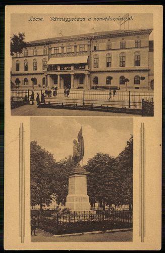 Lőcse vármegyeháza a honvéd szoborral