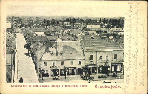 Érsekújvár; Kossuth tér és Iskola utca látképe a toronyból nézve