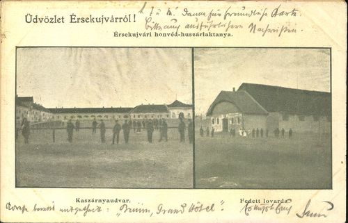 Üdvözlet Érsekújvárról; Érsekújvári honvéd-huszárlaktanya; Kaszárnya udvar; Fedett lovarda