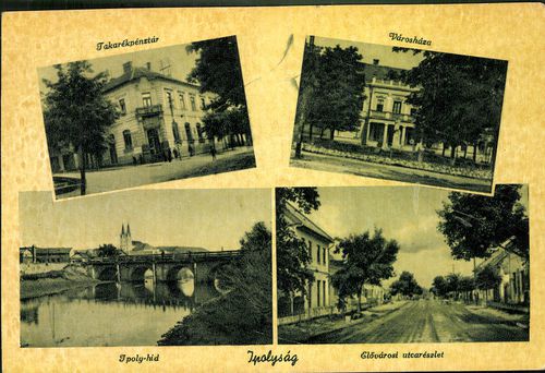 Ipolyság; Takarékpénztár; Városháza; Ipoly-híd; Elővárosi utcarészlet