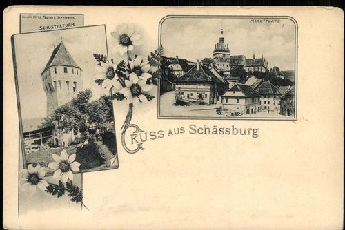 Gruss aus Schässburg; Schusterturm; Marktplatz