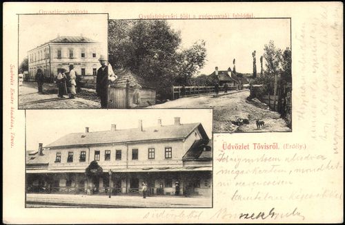 Üdvözlet Tövisről (Erdély); Oroszlán szálloda; Gyulafehérvári főút a gyógypataki fahíddal