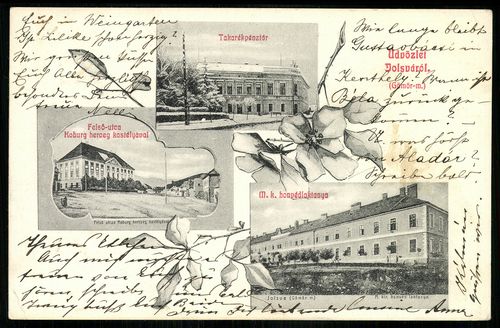 Üdvözlet Jolsvárl (Gömör m.); Takarékpénztár; Felső utca Koburg herceg kastélyával; M. k. honvédlakt...