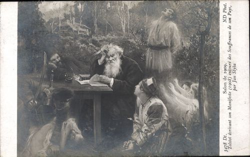 Salon de 1909. Tolstoj écrivant son Manifeste (1908) entouré des Souffrances de son Pays, par Jan St...